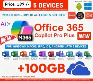 Microsoft Office 365 Copilot Pro Plus (2026 Edition) – 5 Devices | 100GB Cloud | 1 Year Warranty